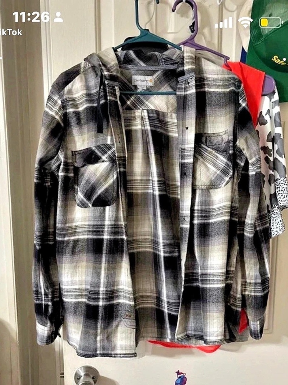 Carhartt Hooded Plaid Flannel Shirt Black & White Medium